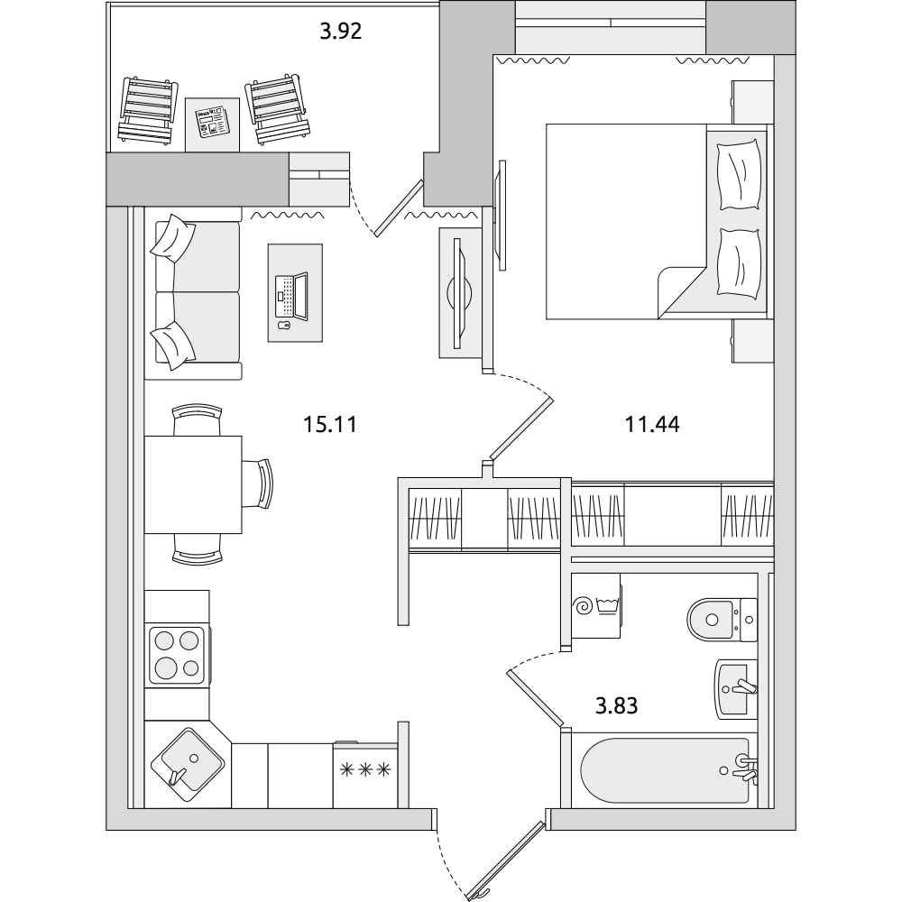 1-комнатные апартаменты 38.58 м2, 7-й этаж