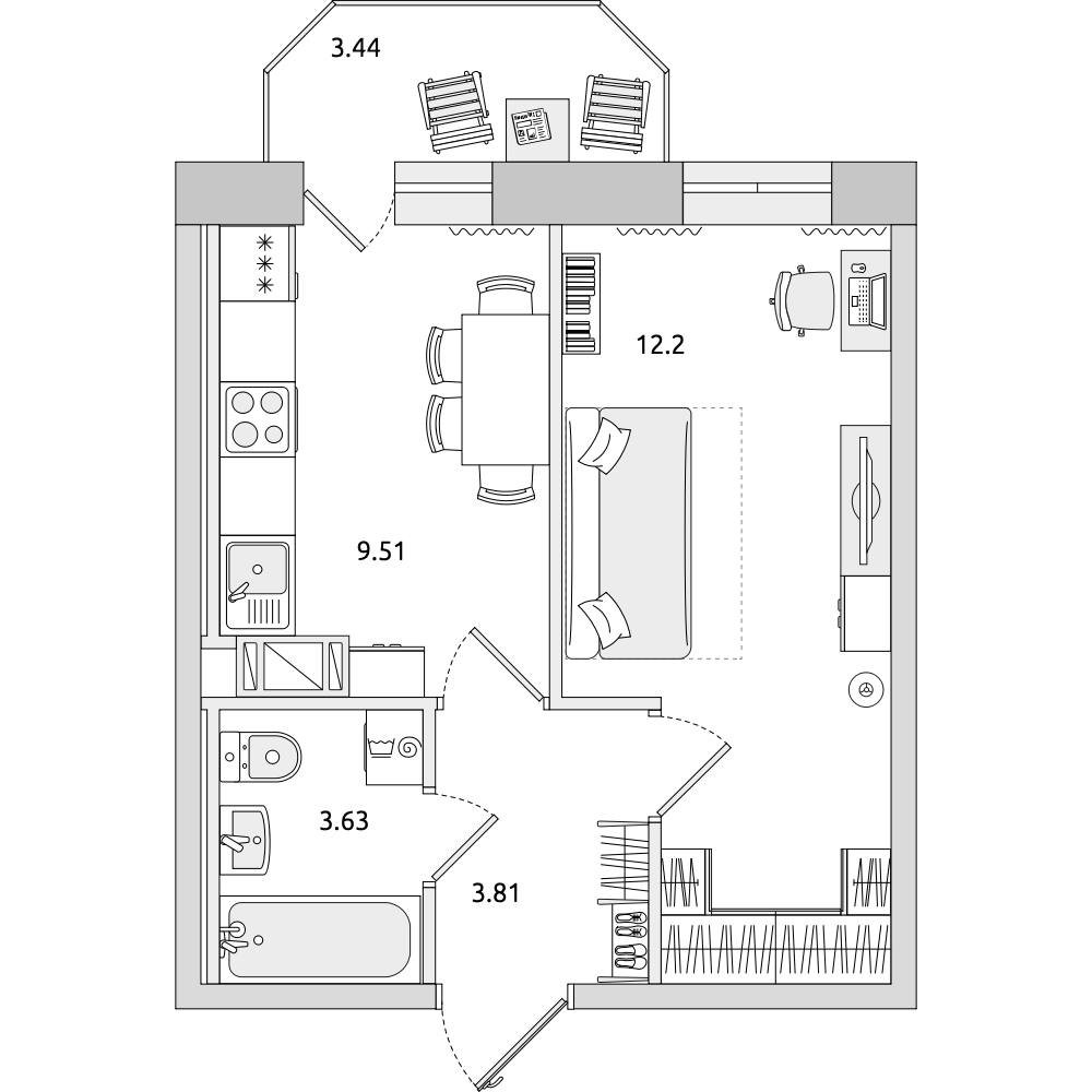 1-комнатные апартаменты 34.91 м2, 6-й этаж