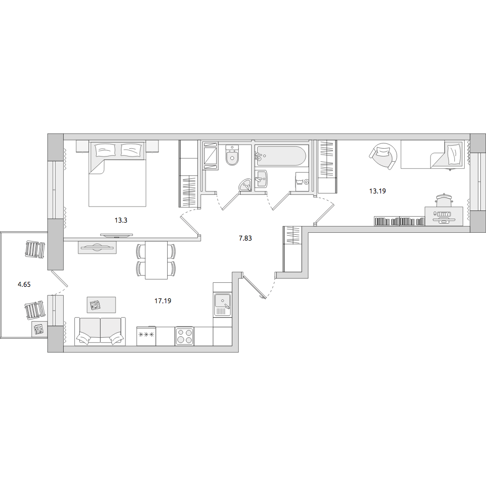 2-комнатные апартаменты 60.72 м2, 12-й этаж