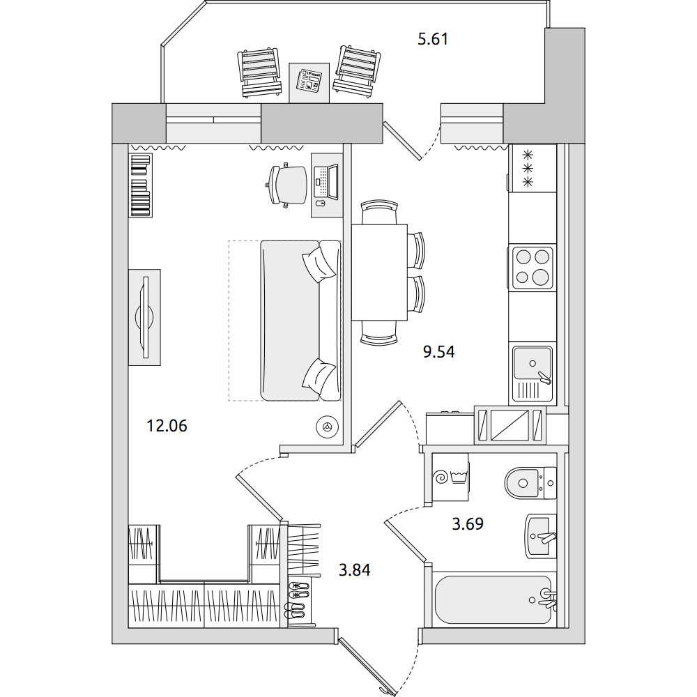 1-комнатные апартаменты 37.01 м2, 16-й этаж