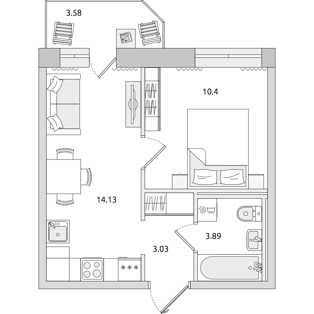 1-комнатные апартаменты 35.03 м2, 14-й этаж