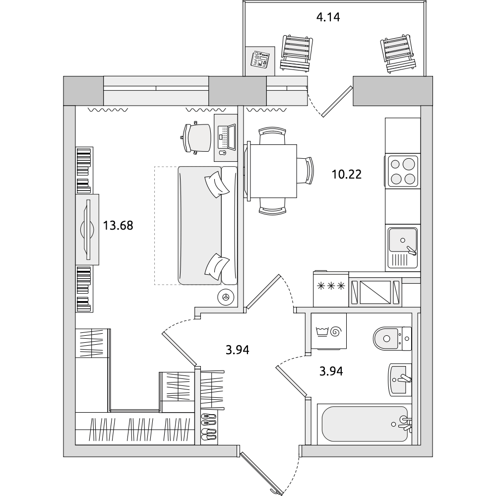 1-комнатные апартаменты 35.92 м2, 4-й этаж