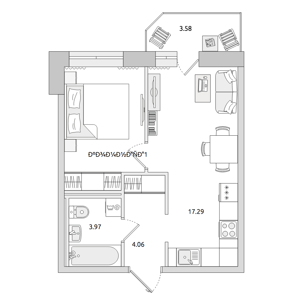 1-комнатные апартаменты 39.16 м2, 17-й этаж