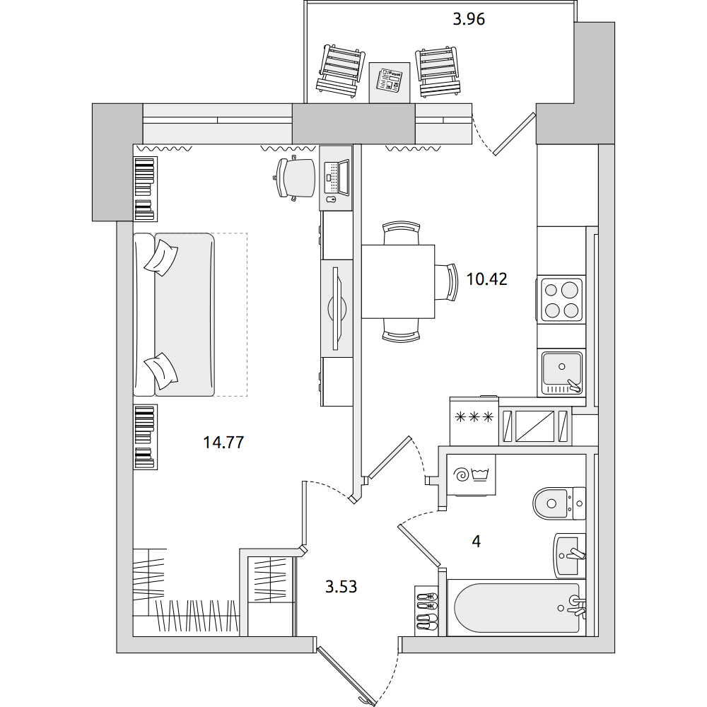1-комнатные апартаменты 36.68 м2, 11-й этаж