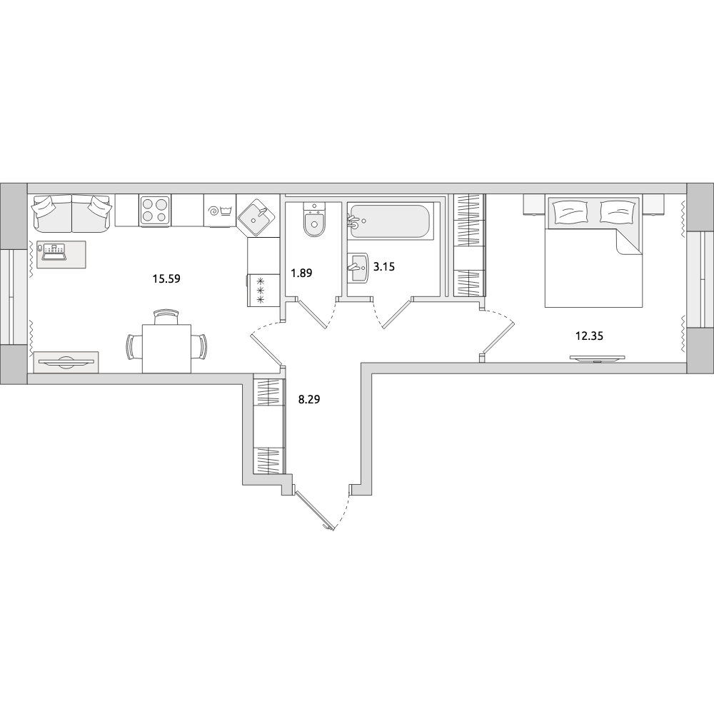 1-комнатные апартаменты 41.76 м2, 1-й этаж