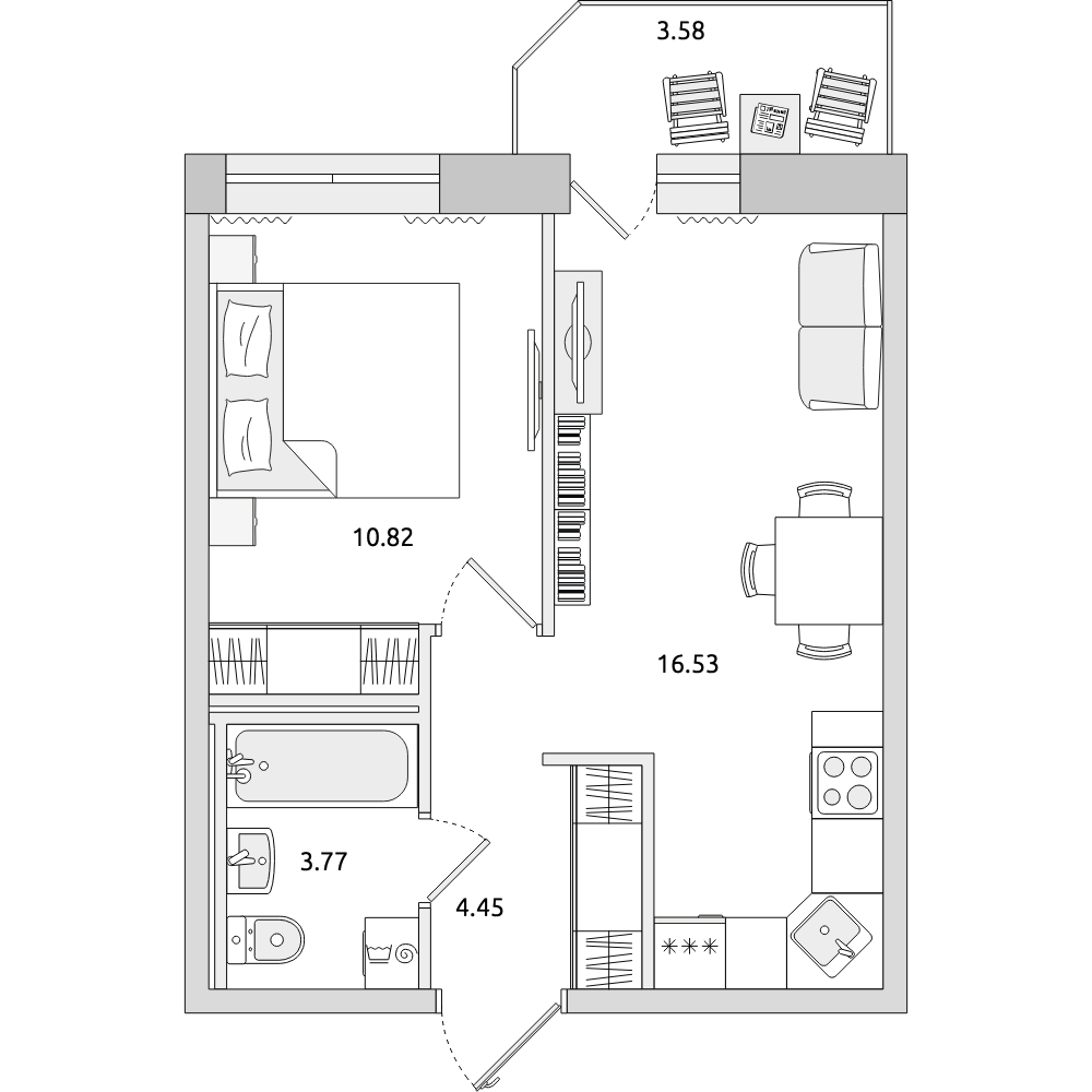 1-комнатные апартаменты 39.15 м2, 14-й этаж
