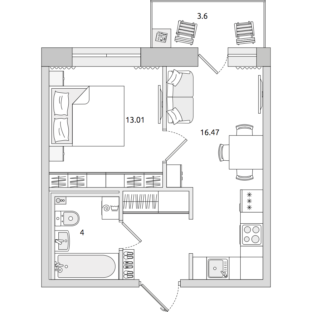 1-комнатные апартаменты 42.33 м2, 16-й этаж