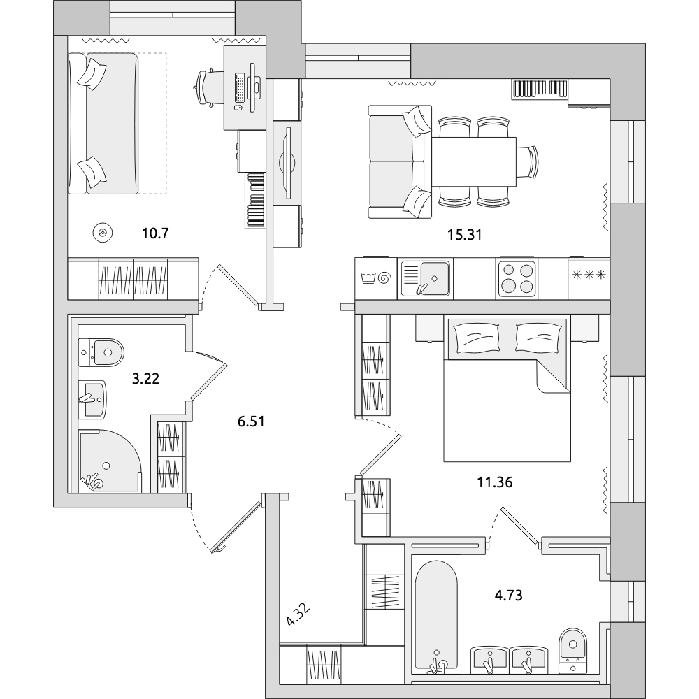2-комнатные апартаменты 56.15 м2, 1-й этаж