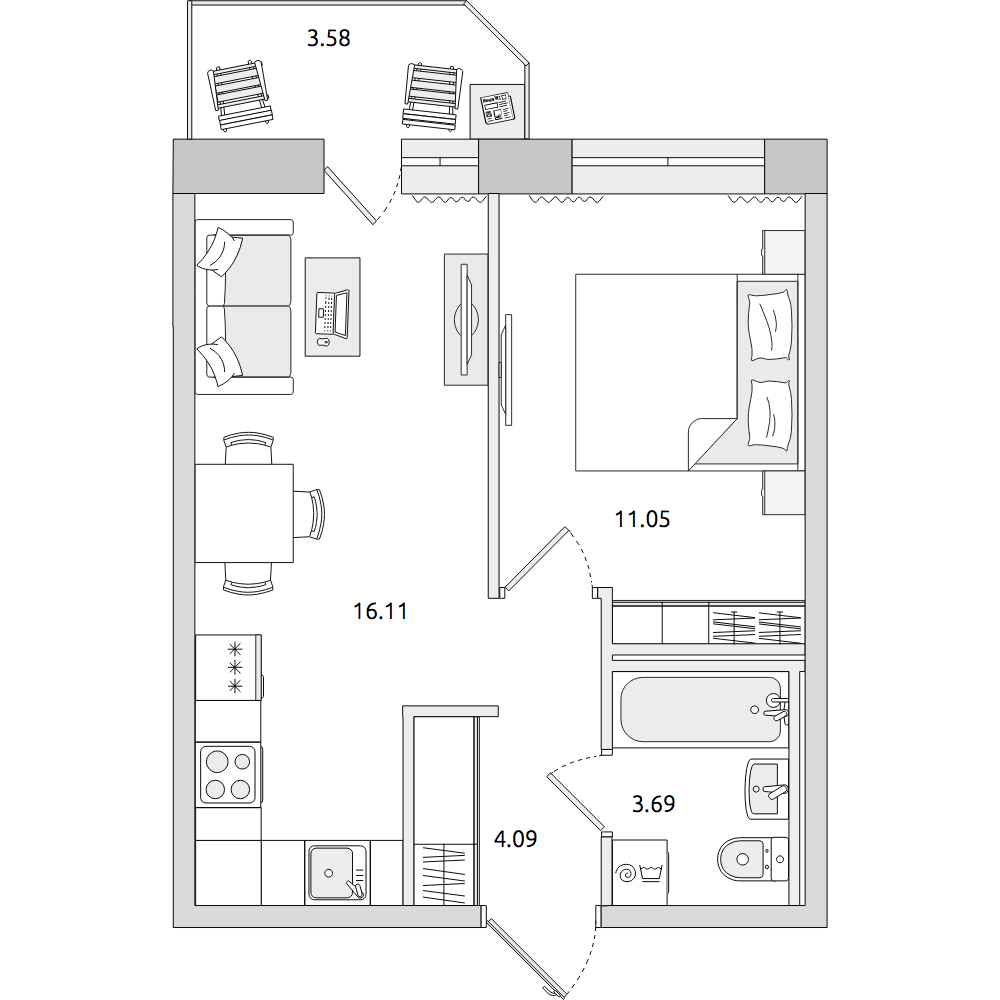 1-комнатные апартаменты 38.52 м2, 15-й этаж