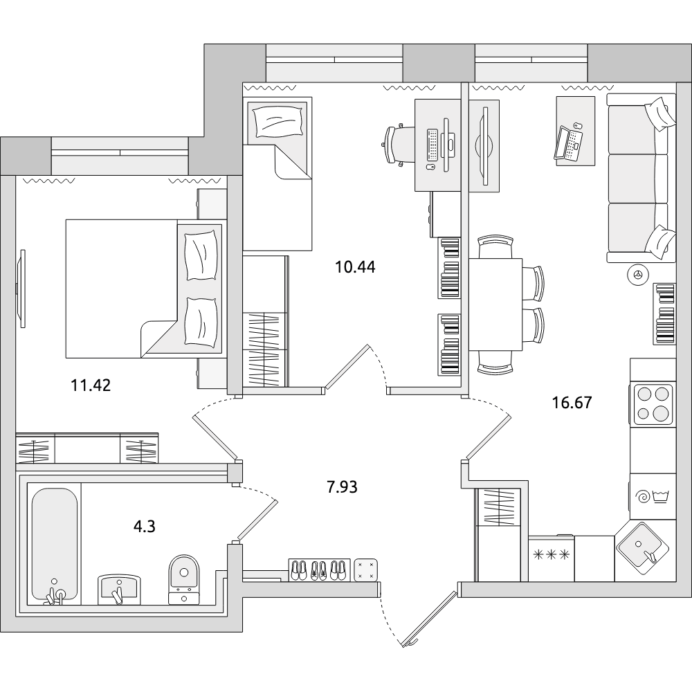 2-комнатные апартаменты 50.76 м2, 1-й этаж