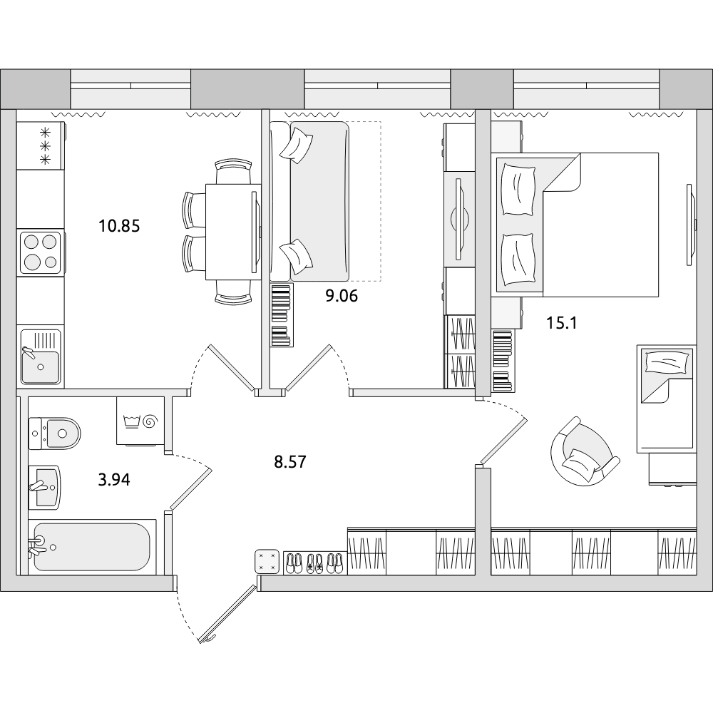 2-комнатные апартаменты 47.52 м2, 1-й этаж