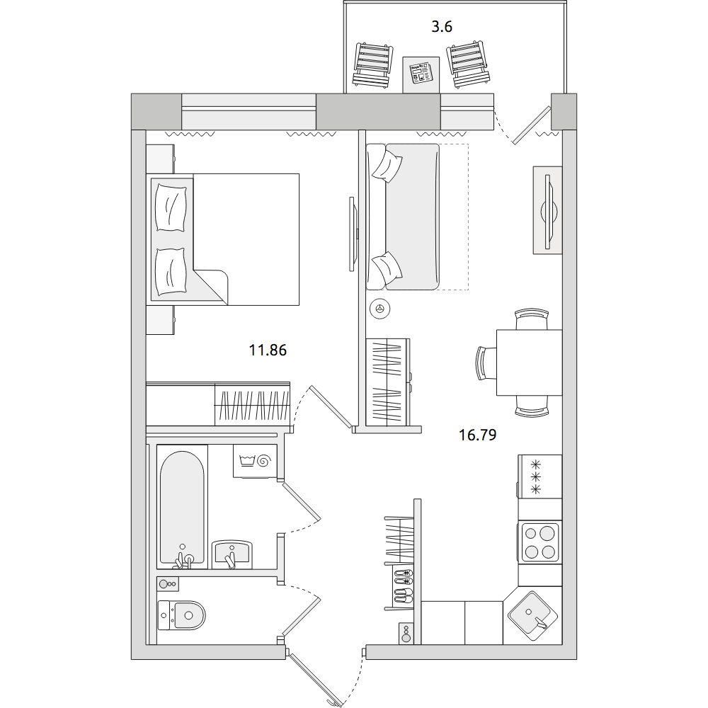 1-комнатные апартаменты 42.11 м2, 17-й этаж