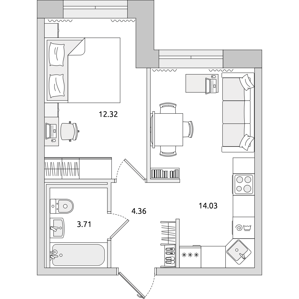 1-комнатные апартаменты 34.42 м2, 1-й этаж