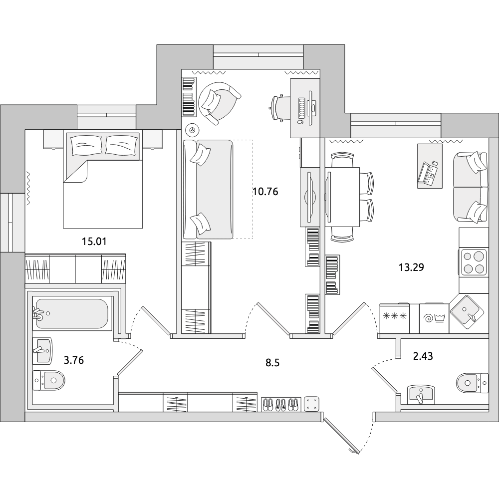 2-комнатные апартаменты 53.75 м2, 1-й этаж