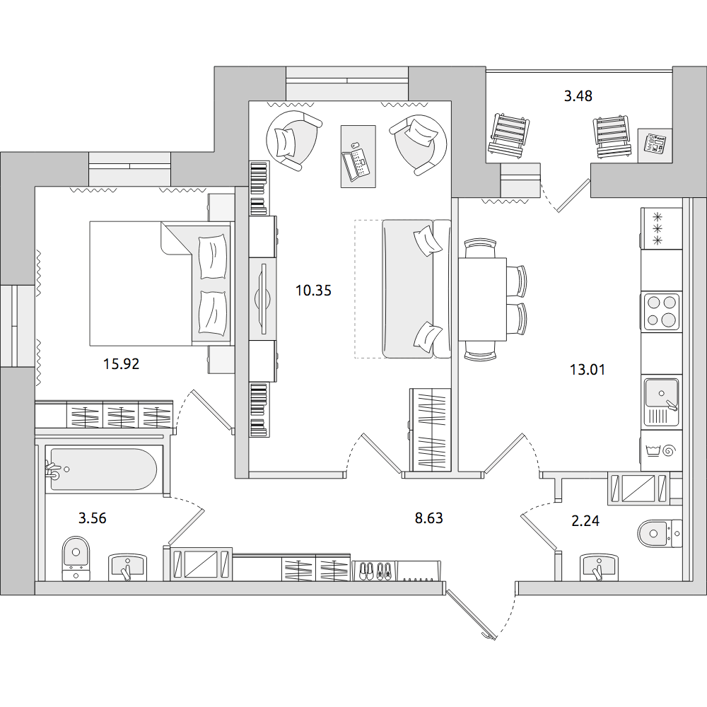 2-комнатные апартаменты 57.19 м2, 17-й этаж
