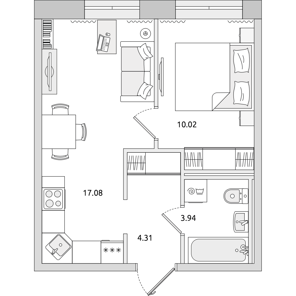 1-комнатные апартаменты 35.35 м2, 1-й этаж
