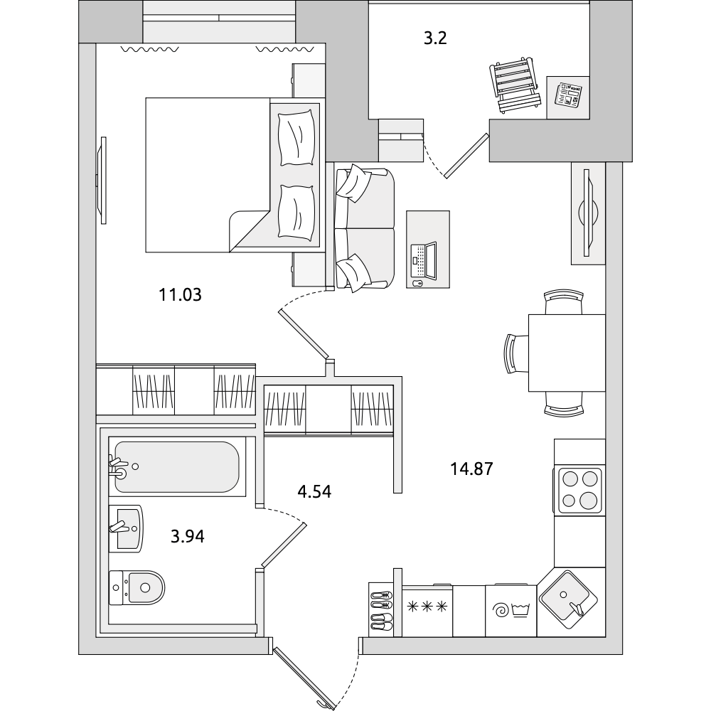 1-комнатные апартаменты 37.58 м2, 3-й этаж