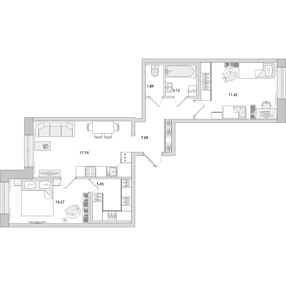 2-комнатные апартаменты 61.01 м2, 1-й этаж
