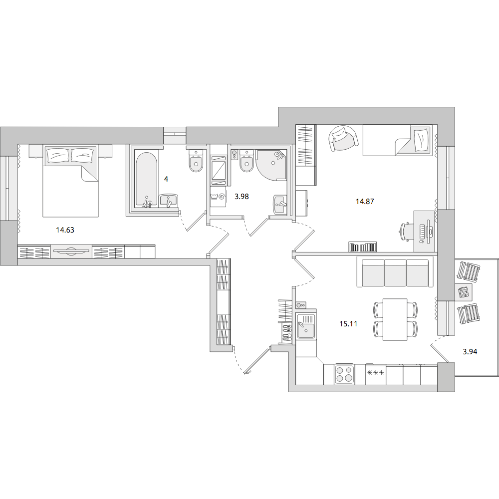 2-комнатные апартаменты 64.83 м2, 15-й этаж