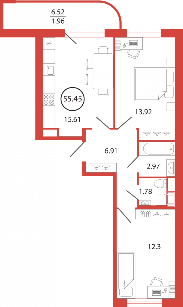 2-комнатная квартира 55.45 м2, 2-й этаж