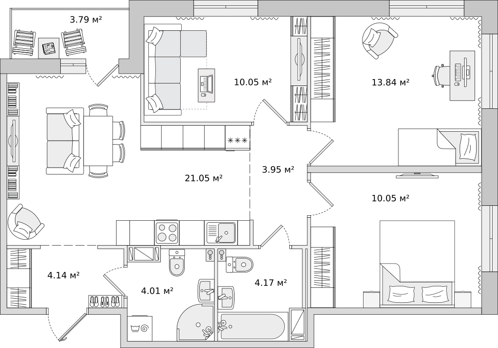 3-комнатные апартаменты 79.83 м2, 2-й этаж