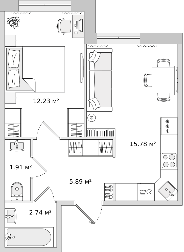1-комнатные апартаменты 36.3 м2, 1-й этаж