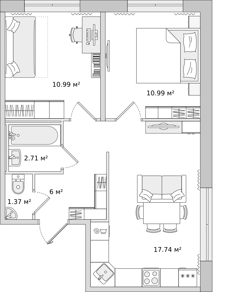 2-комнатные апартаменты 48.9 м2, 1-й этаж