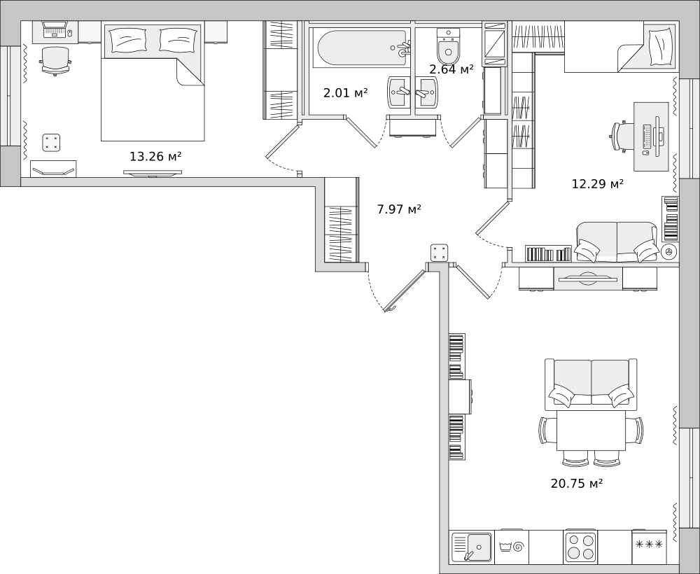 2-комнатные апартаменты 58.1 м2, 5-й этаж