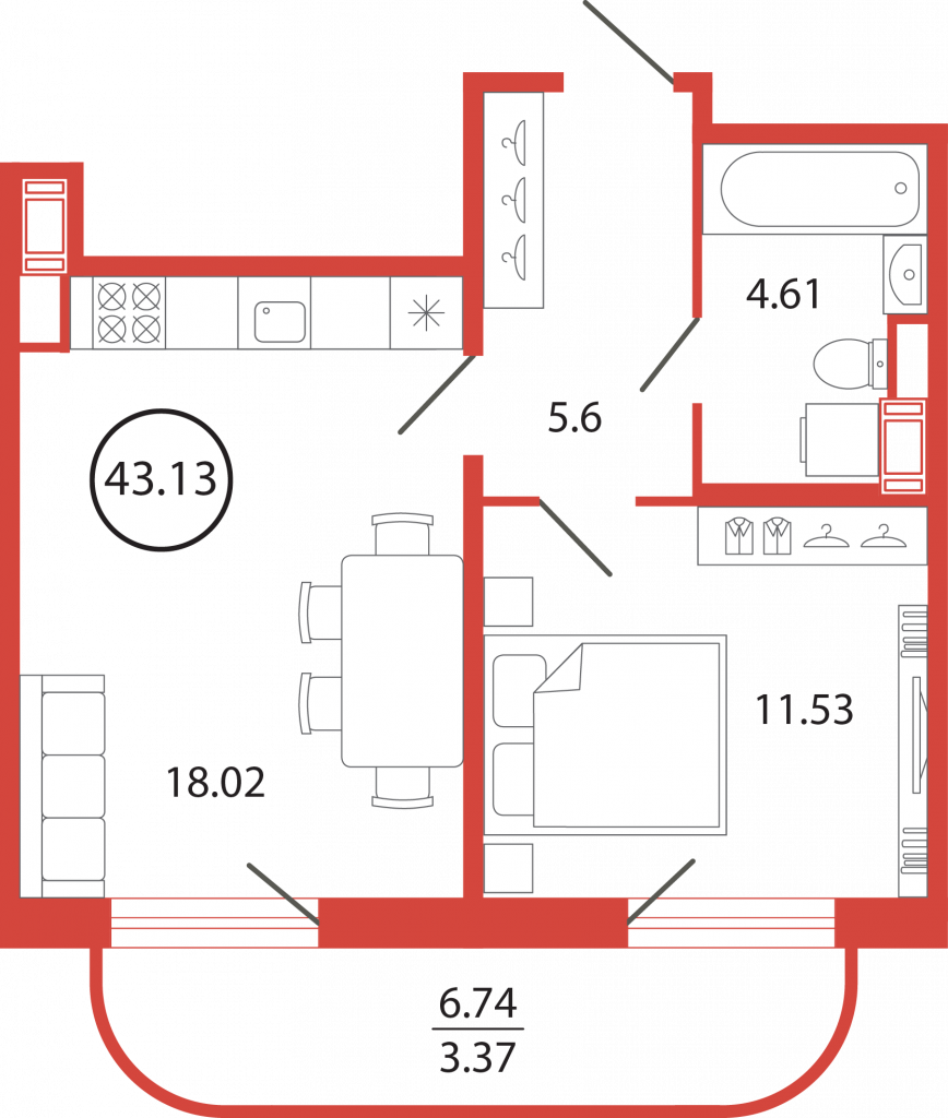 1-комнатная квартира 43.13 м2, 12-й этаж