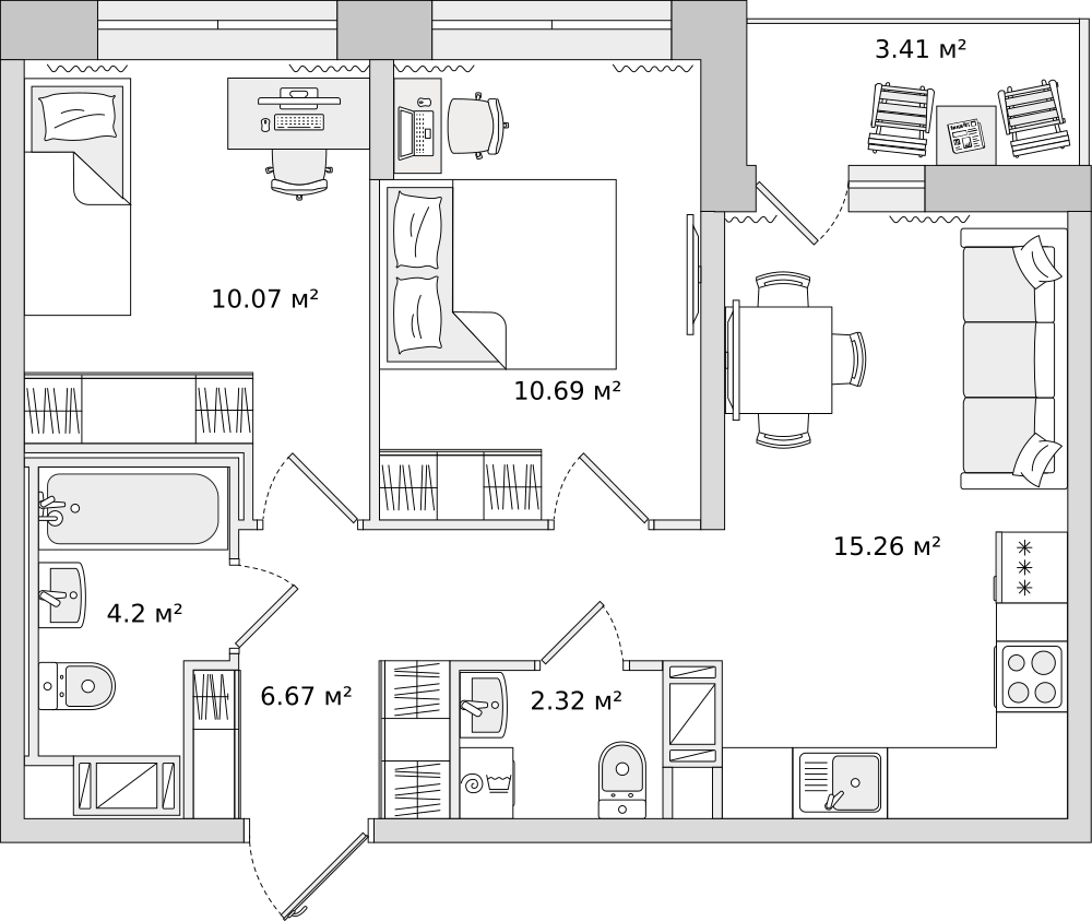 2-комнатные апартаменты 52.46 м2, 14-й этаж