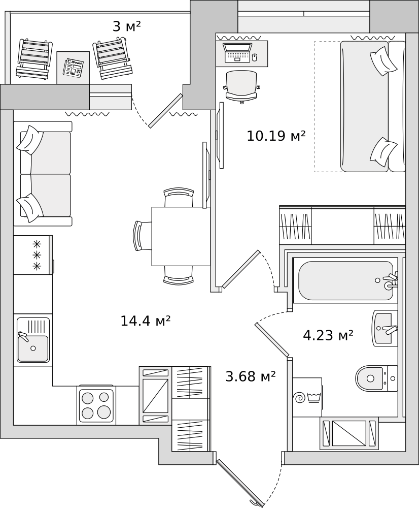 1-комнатные апартаменты 35.08 м2, 5-й этаж