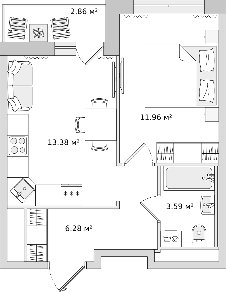 1-комнатные апартаменты 37.98 м2, 1-й этаж