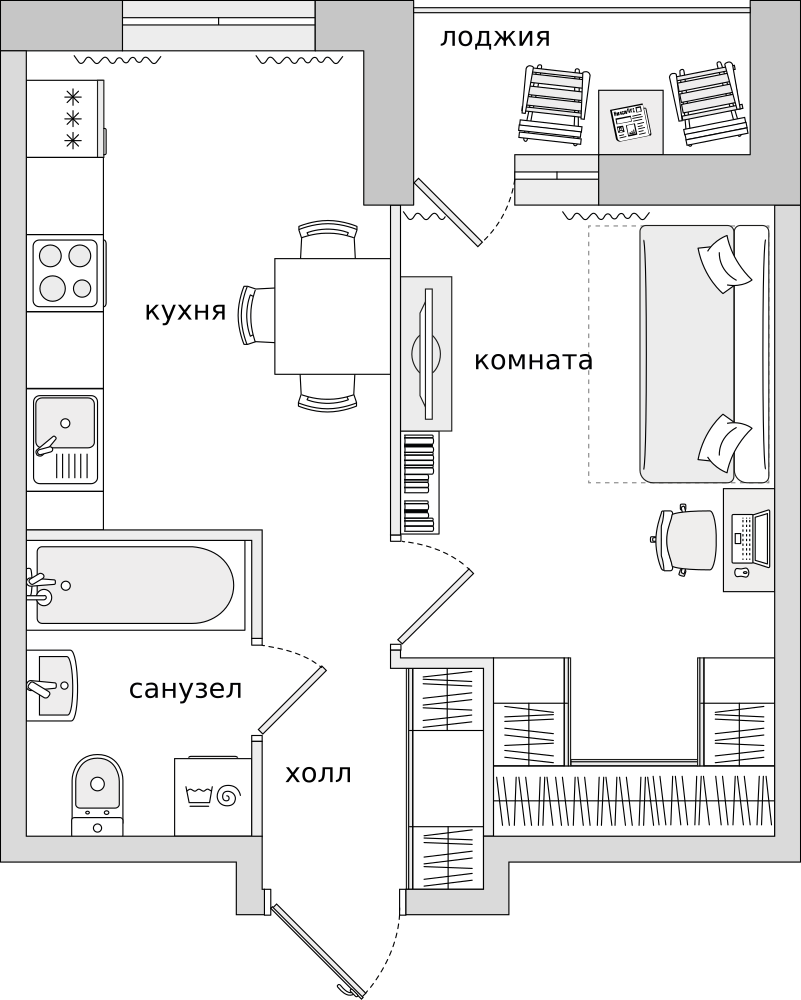1-комнатные апартаменты 37.2 м2, 6-й этаж