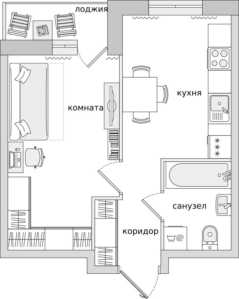 1-комнатные апартаменты 37.55 м2, 6-й этаж