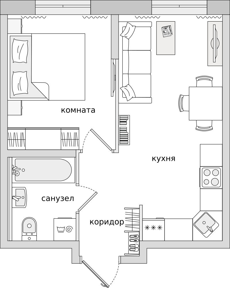 1-комнатные апартаменты 33.56 м2, 1-й этаж
