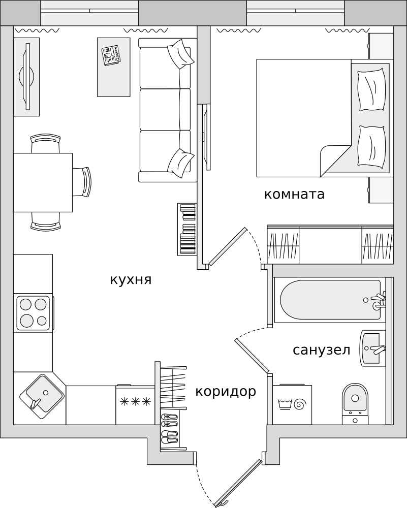 1-комнатные апартаменты 33.66 м2, 3-й этаж