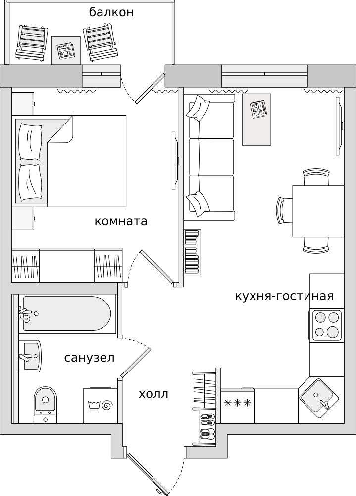 1-комнатные апартаменты 39.04 м2, 12-й этаж