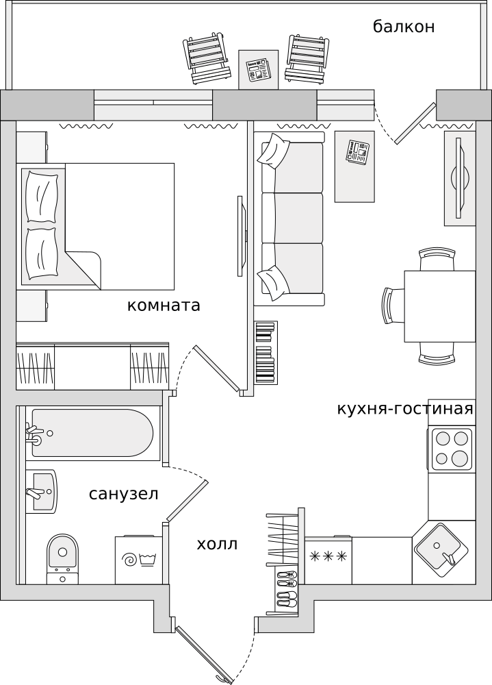 1-комнатные апартаменты 42.27 м2, 19-й этаж