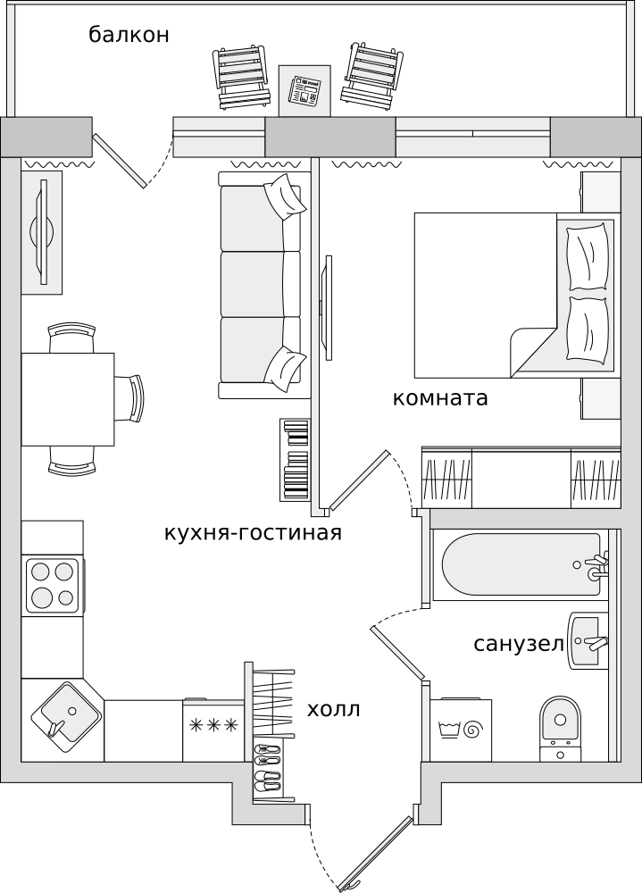 1-комнатные апартаменты 42.28 м2, 12-й этаж