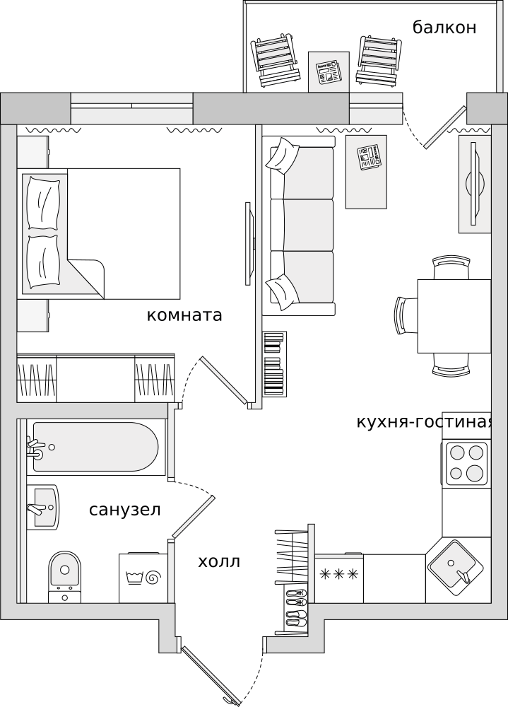 1-комнатные апартаменты 38.88 м2, 12-й этаж
