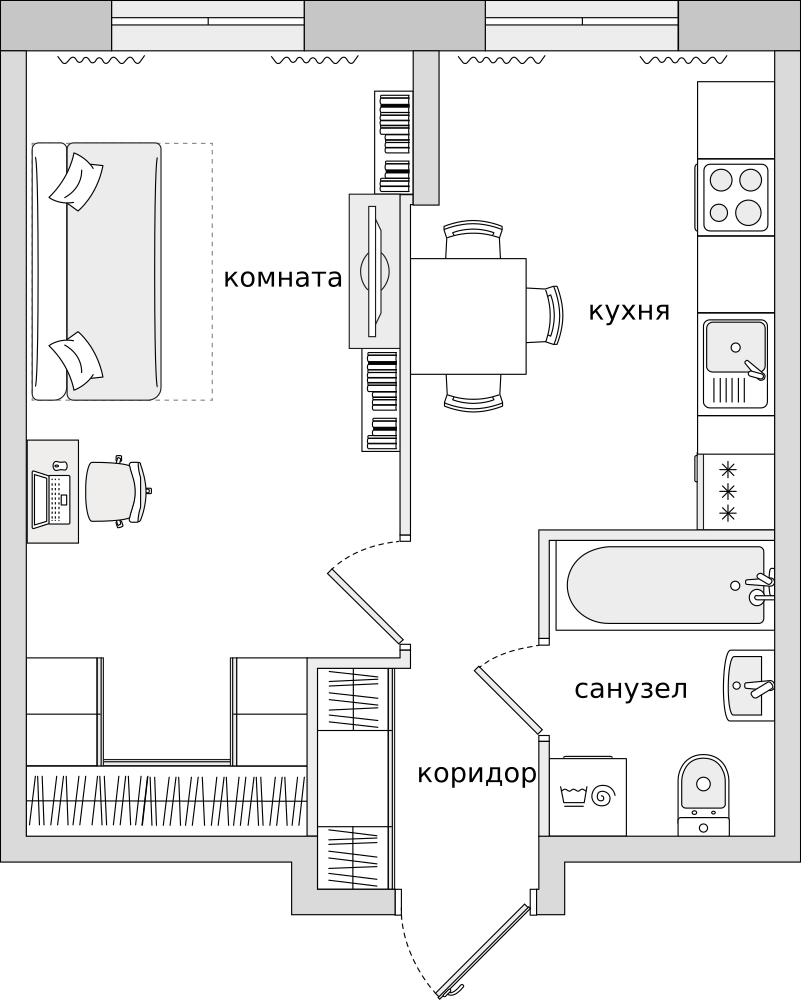 1-комнатные апартаменты 35.57 м2, 1-й этаж