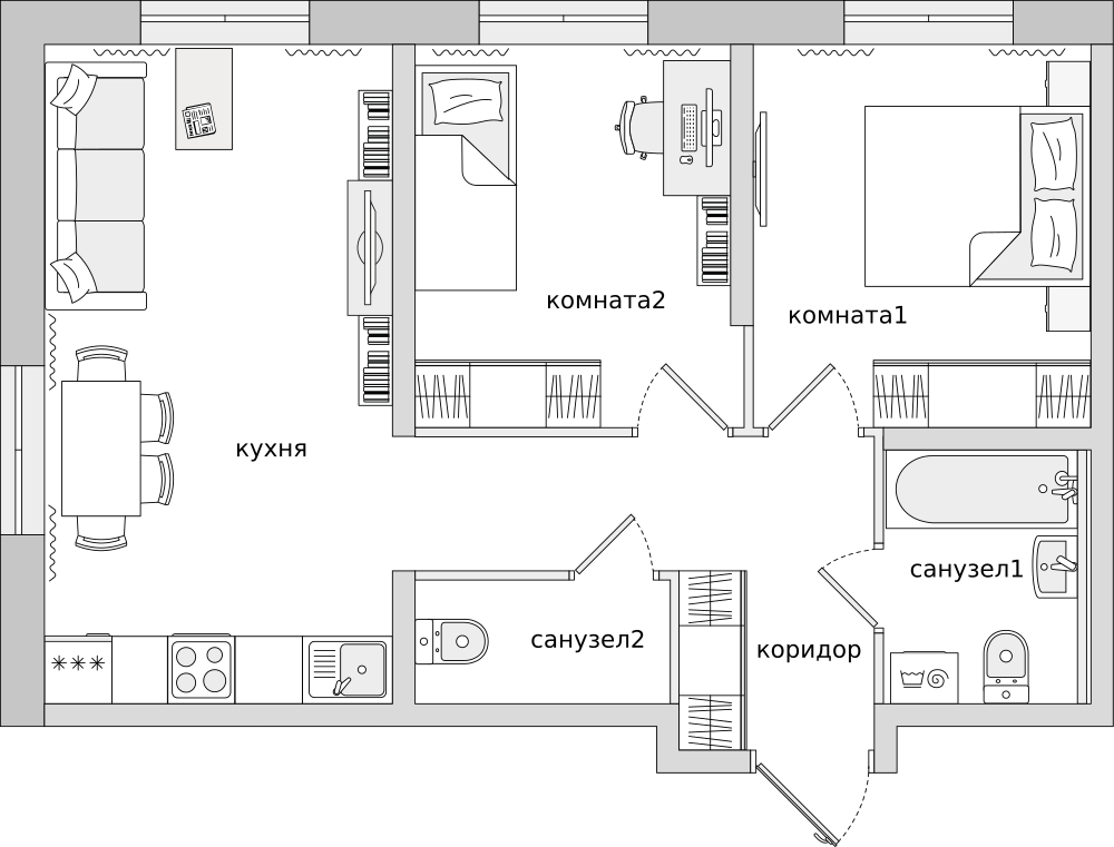 2-комнатные апартаменты 52.32 м2, 2-й этаж