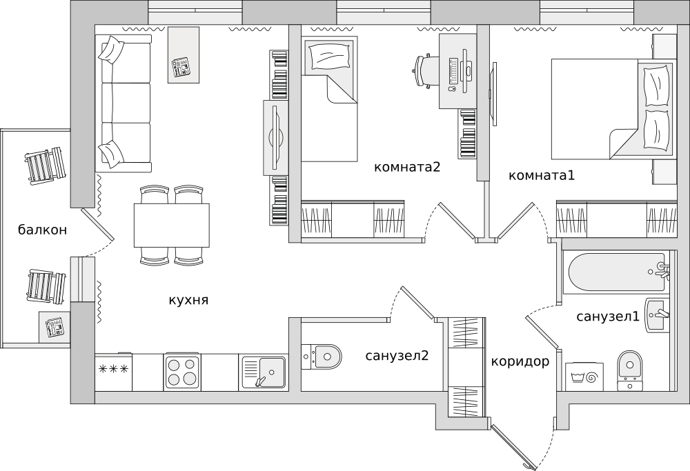 2-комнатные апартаменты 57.96 м2, 11-й этаж