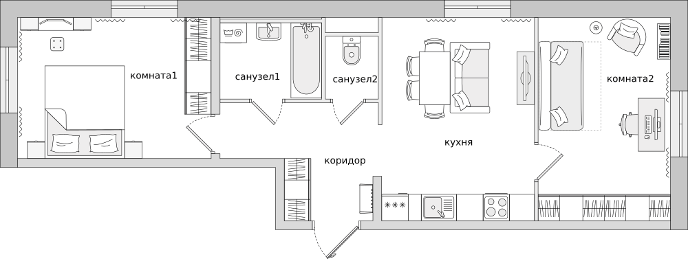 2-комнатные апартаменты 57.33 м2, 3-й этаж