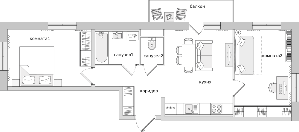 2-комнатные апартаменты 62.79 м2, 12-й этаж