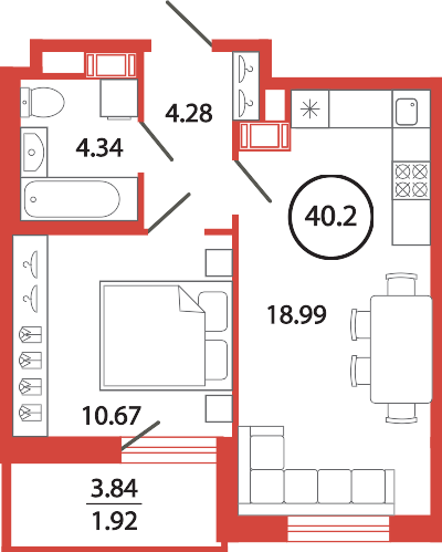 1-комнатная квартира 40.2 м2, 11-й этаж