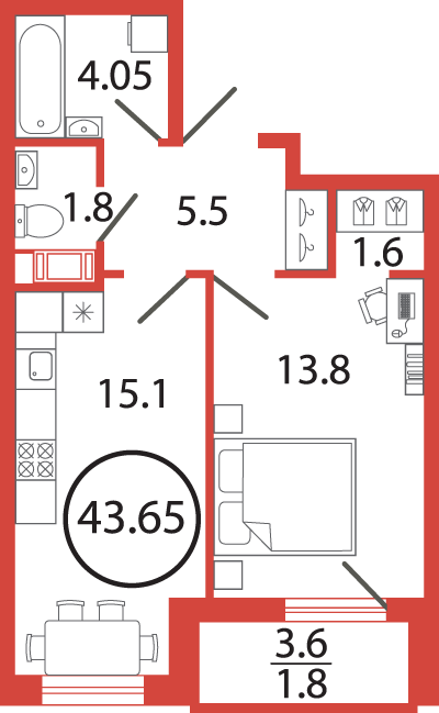1-комнатная квартира 43.65 м2, 3-й этаж