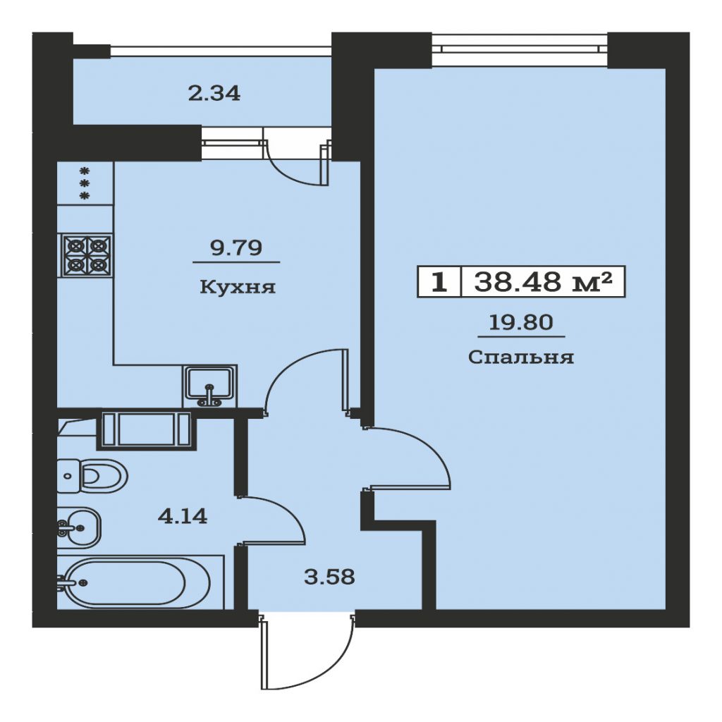 1-комнатная квартира 38.48 м2, 16-й этаж