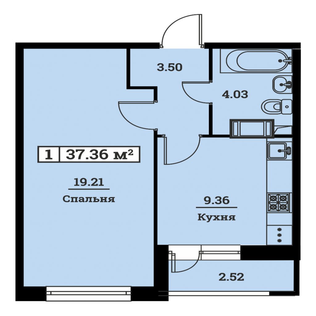1-комнатная квартира 37.36 м2, 11-й этаж