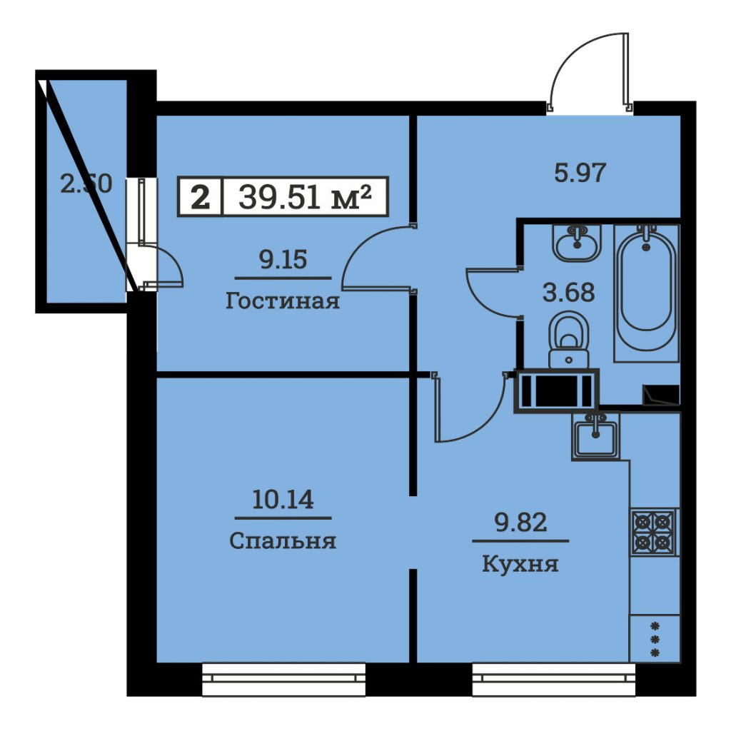 2-комнатная квартира 39.51 м2, 16-й этаж